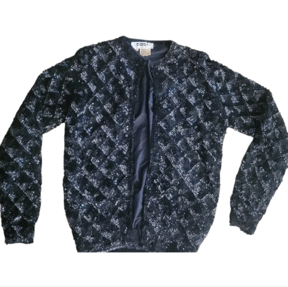 CASI Vintage Lambswool Black Silver Sequin Party Jacket Sz Xs / Sm
